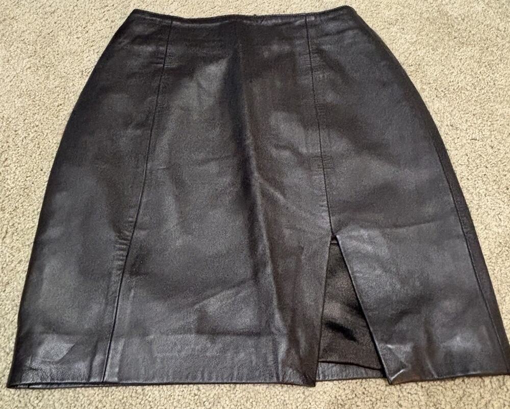 Casual Corner Black Leather Pencil Skirt 4 Knee Length Lined Slit Zip
